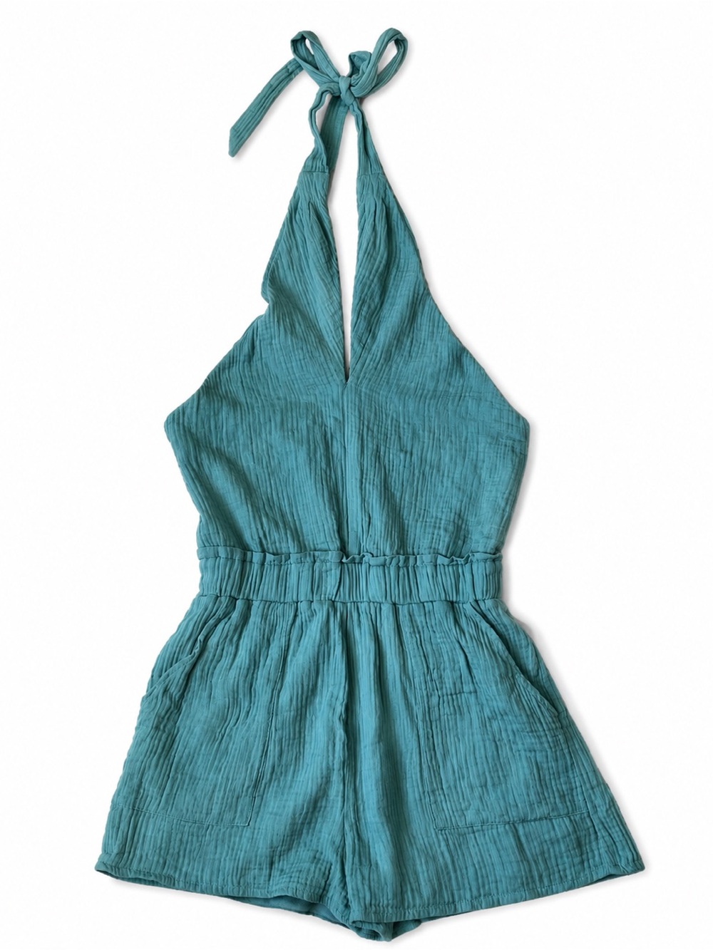 Listicle Teal Gauze Halter Romper Smocked Back Pockets Size Small